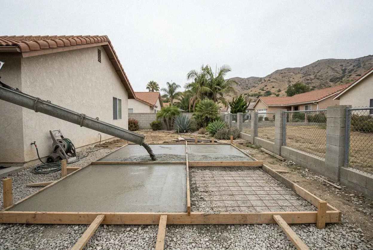 Concrete pump line running from the street to a back patio in Artesia