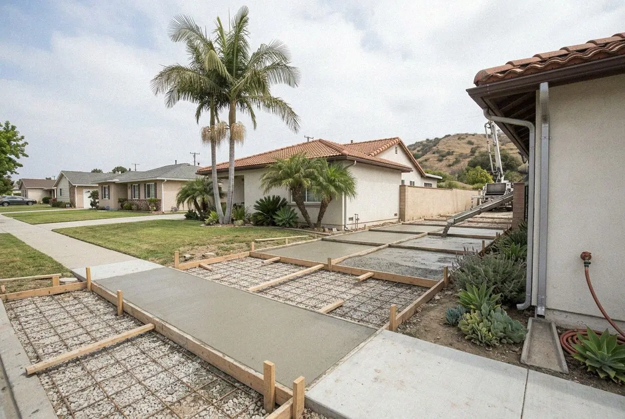 Long shared concrete driveway to a front house and rear units, Bellflower