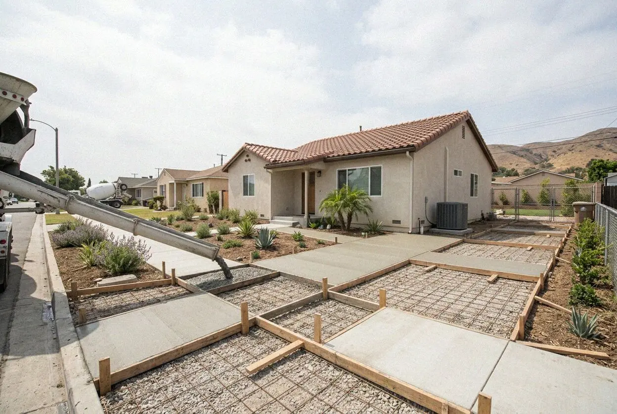 New concrete driveway on a rock base at a 1950s ranch house in Buena Park