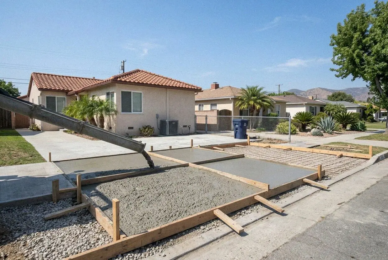 Widened concrete driveway matching the tract front of a Cerritos house