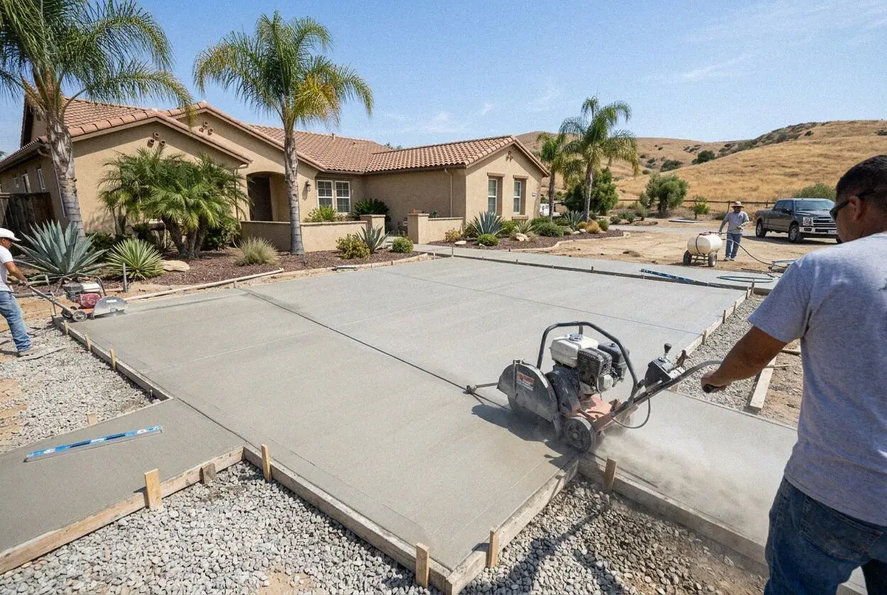 Walk-behind saw cutting a trench line across a garage slab in Huntington Beach
