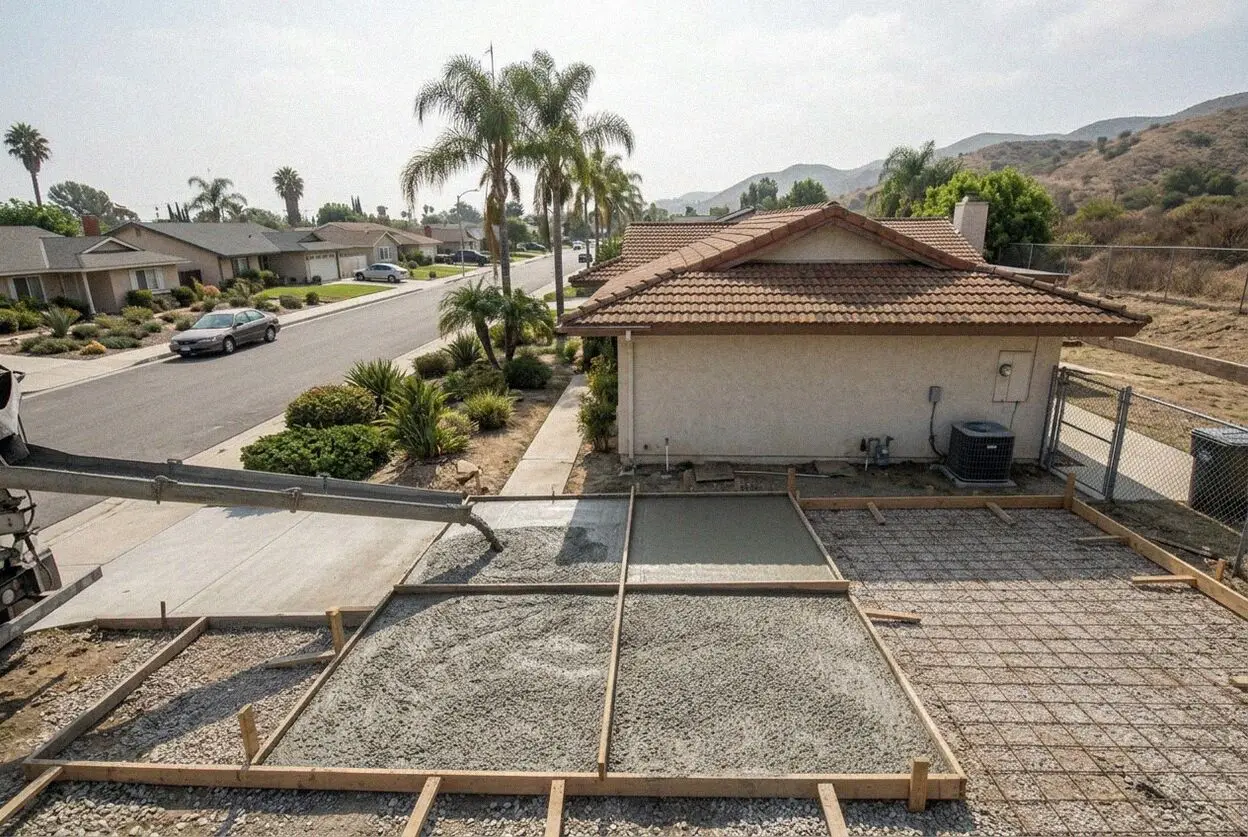 Crew finishing a new concrete driveway at a 1960s tract house in Cypress