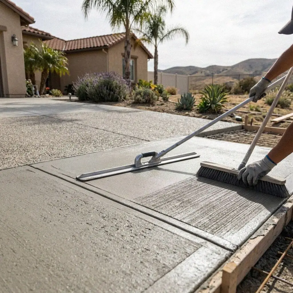 Finisher brooming a fresh driveway slab at a Huntington Beach home