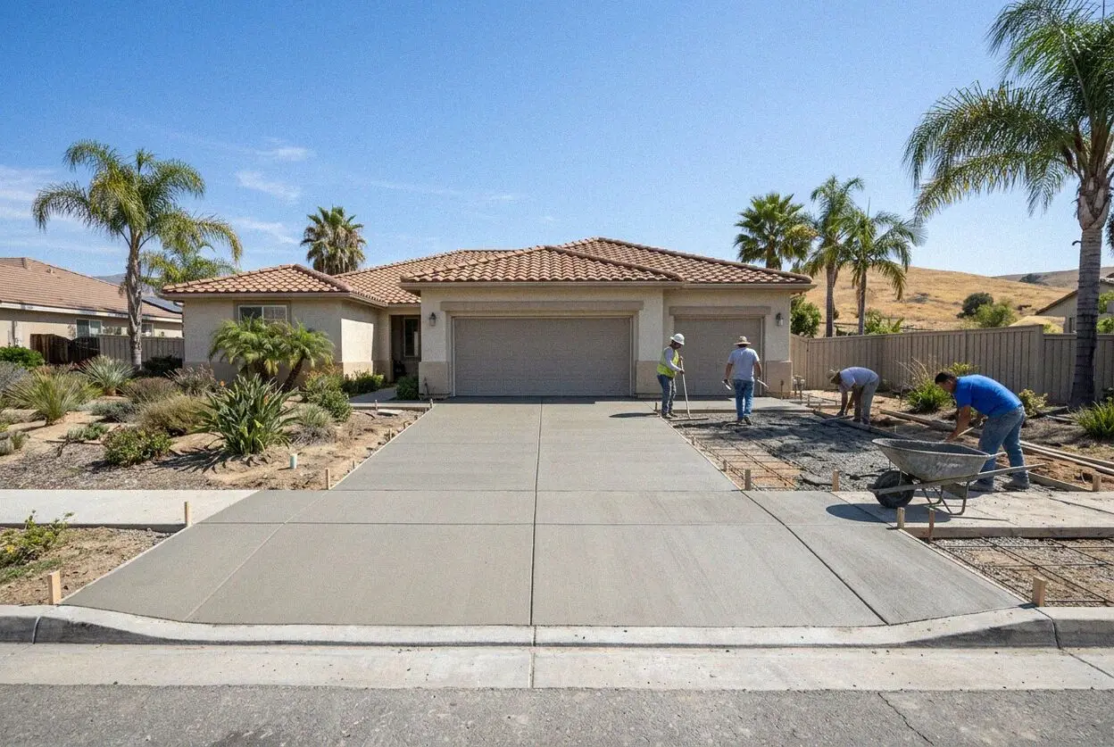 Crew pouring a new concrete driveway at a tract home in Huntington Beach, CA