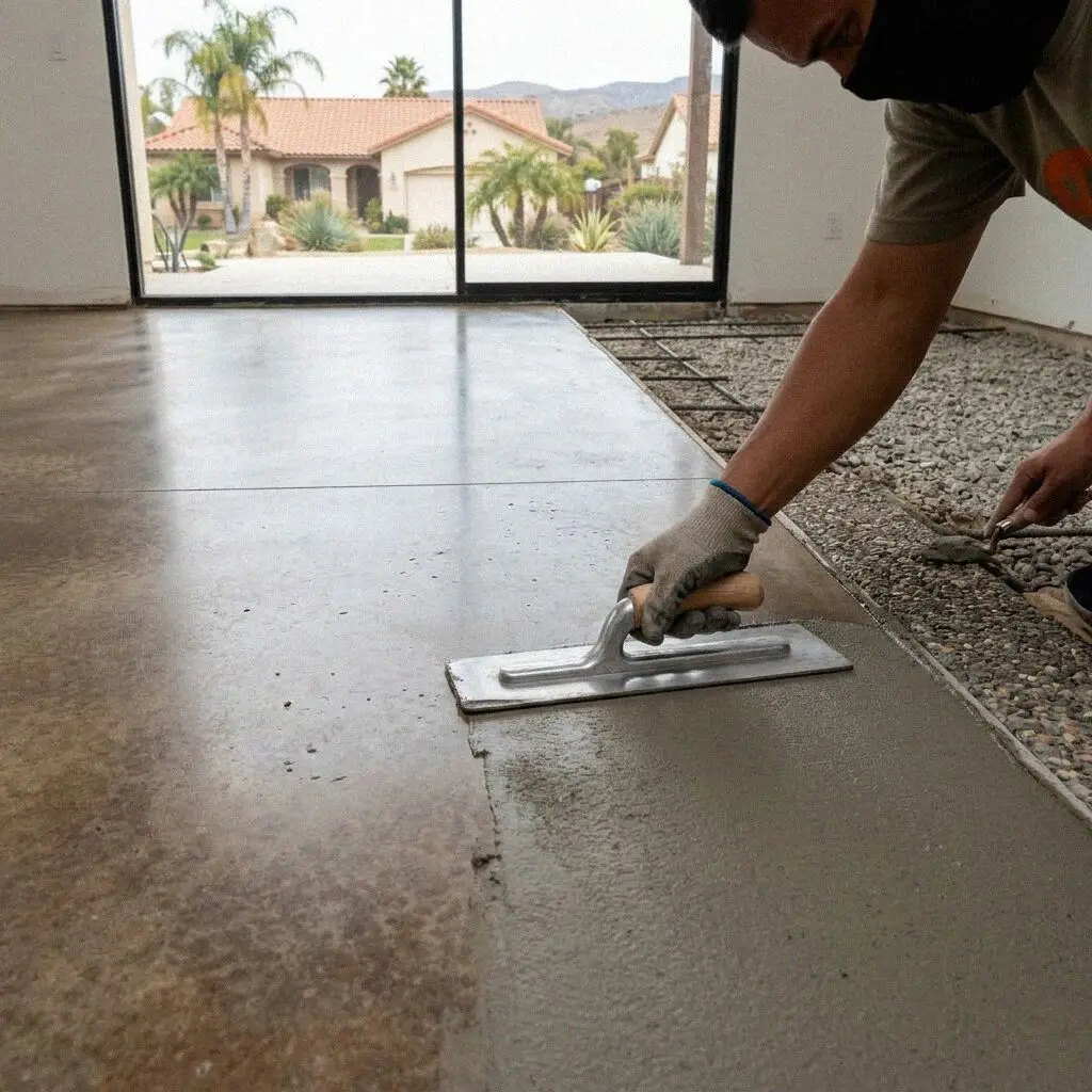 Hands taping a vapor retarder seam before a floor pour, Huntington Beach