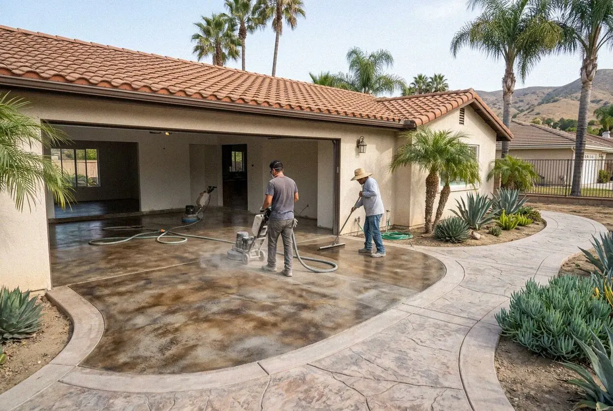 Crew floating a new concrete floor inside a Huntington Beach garage conversion
