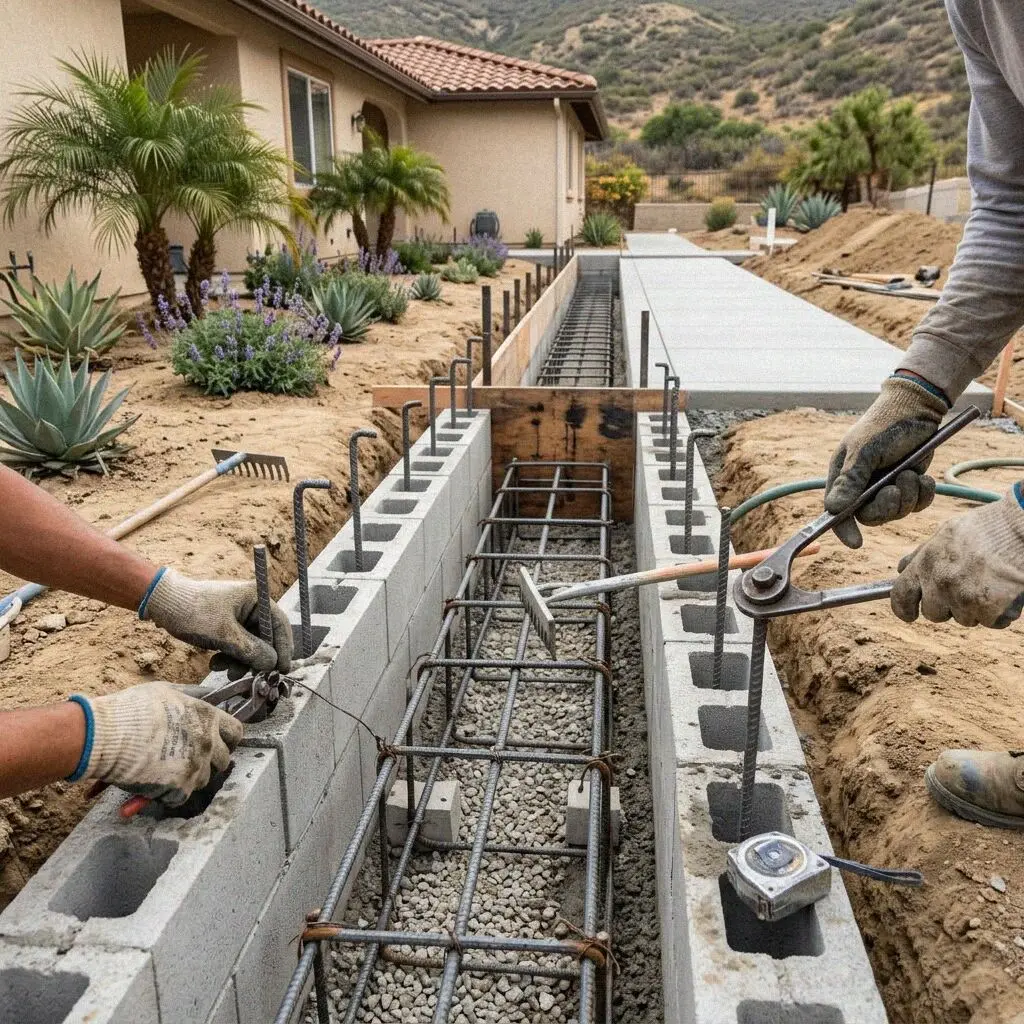Hands tying the top bars of a footing cage in a Huntington Beach trench