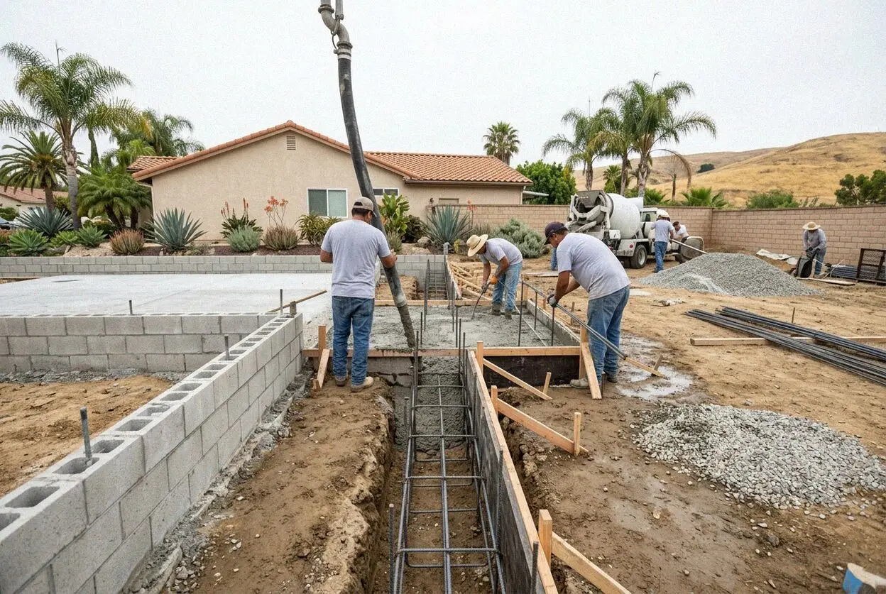 Crew tying rebar in an open footing trench behind a Huntington Beach home