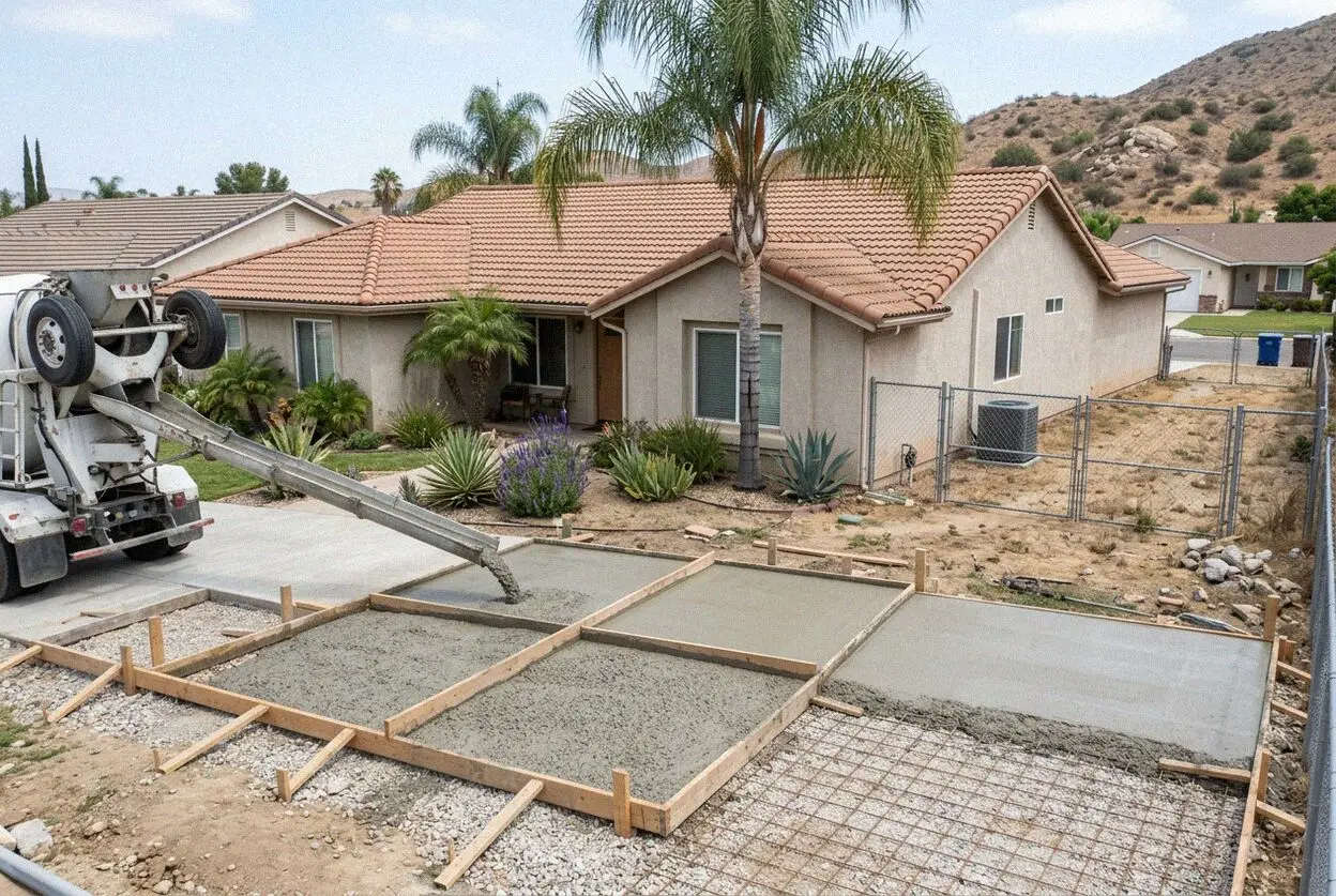 A new concrete driveway at a 1960s ranch house in Fountain Valley