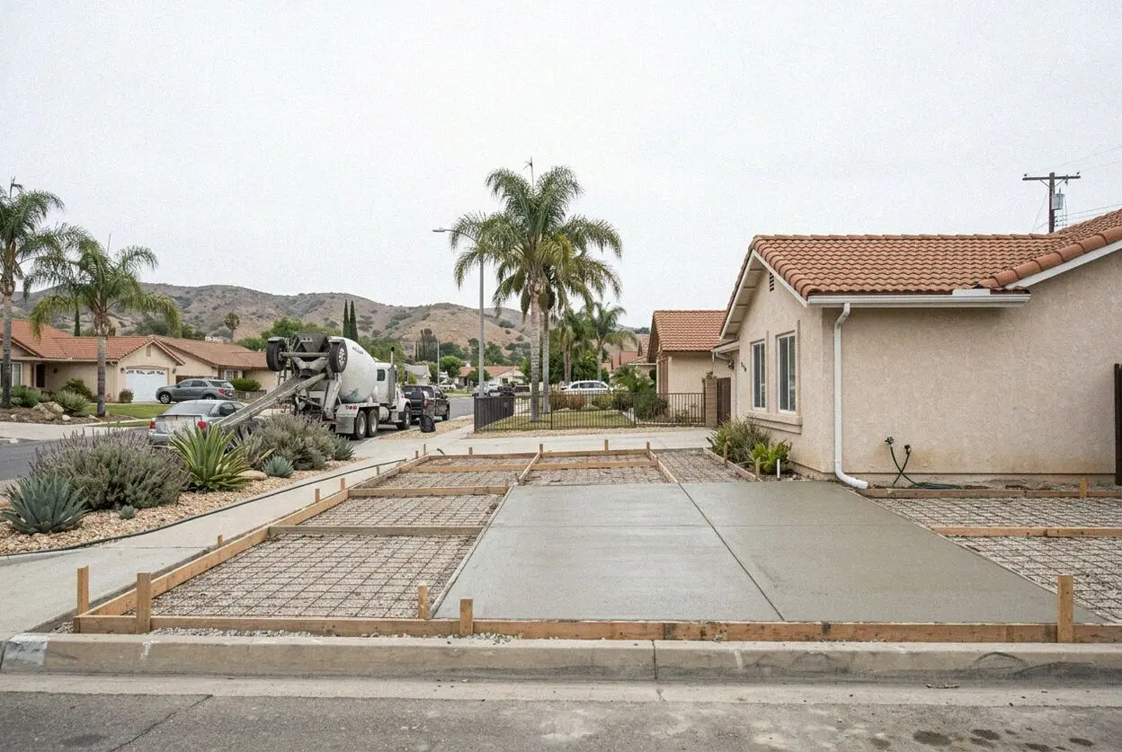 A new concrete patio filling the back yard of a Hawaiian Gardens lot