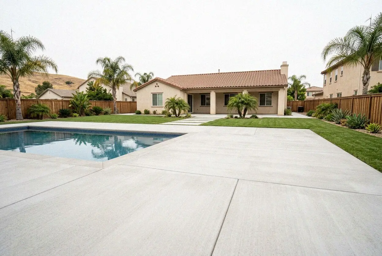 Broom-finished concrete pool deck at a canal home in Huntington Harbor