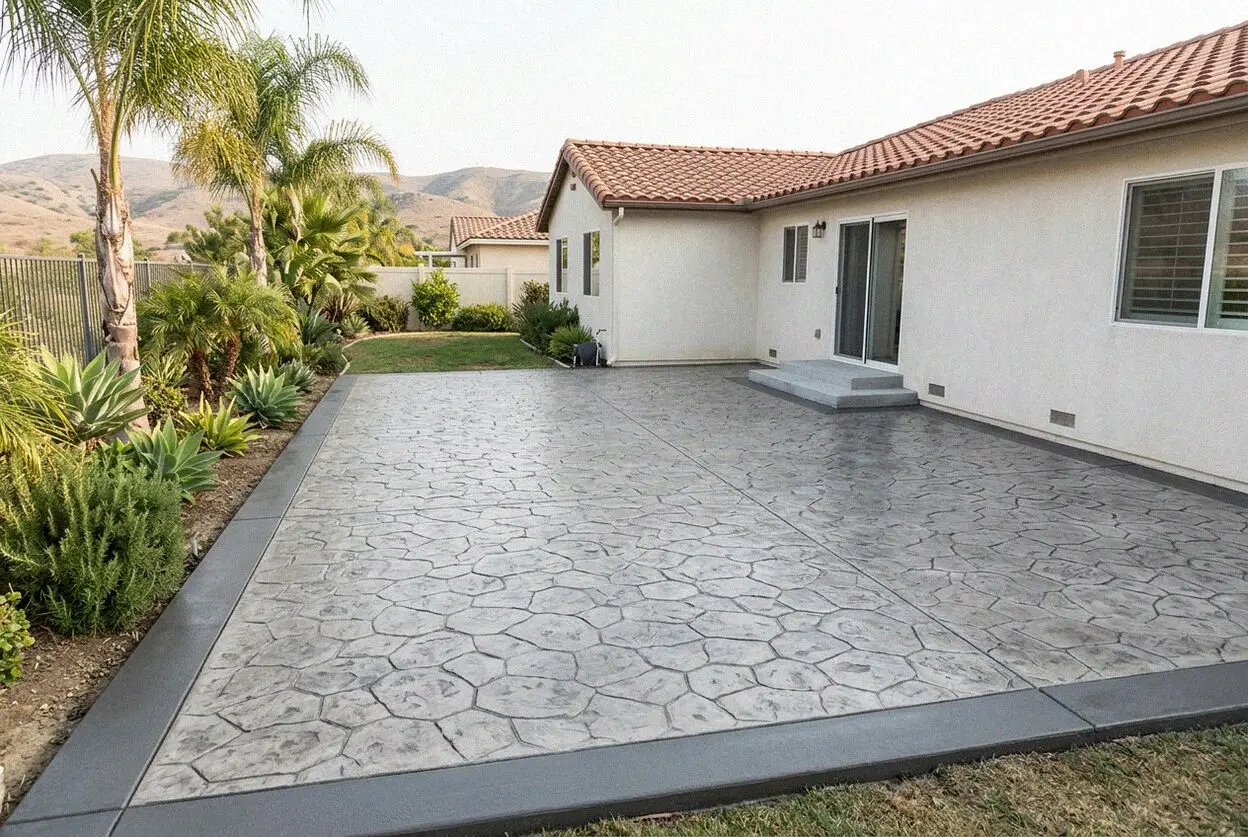 Stamped concrete patio in a slate pattern behind a Fountain Valley house