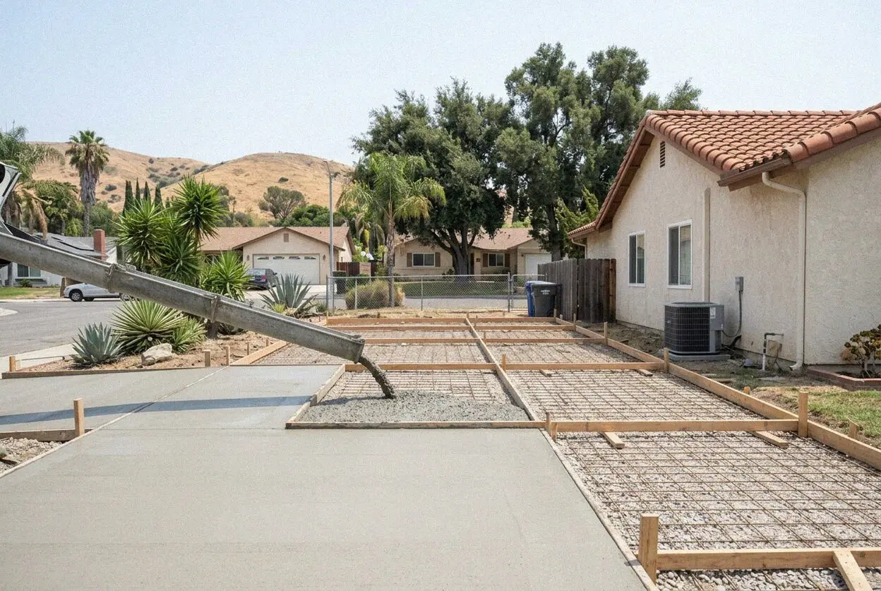 A crew finishing a concrete driveway at a 1950s house in La Habra