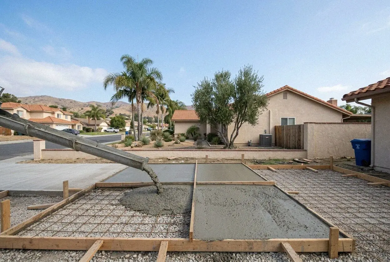 A crew finishing a concrete driveway at a 1950s house in La Mirada