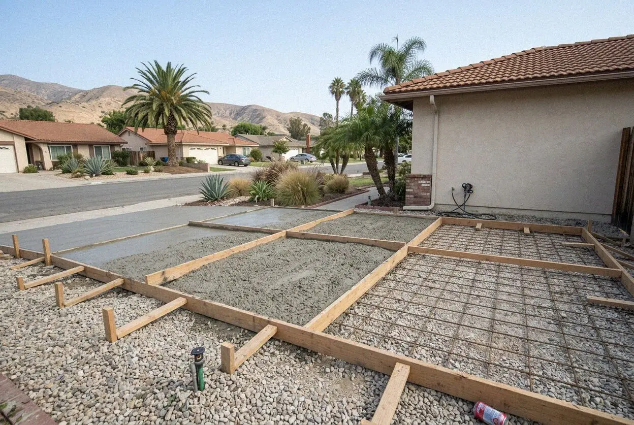 A new concrete patio with post footings behind a 1960s La Palma house