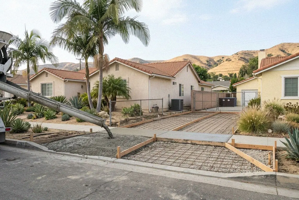 New concrete driveway to a detached garage at a 1950s Lakewood house