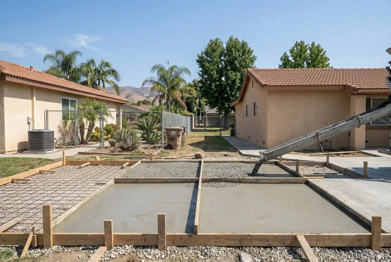 Slab being poured for a room addition behind a Los Alamitos ranch house