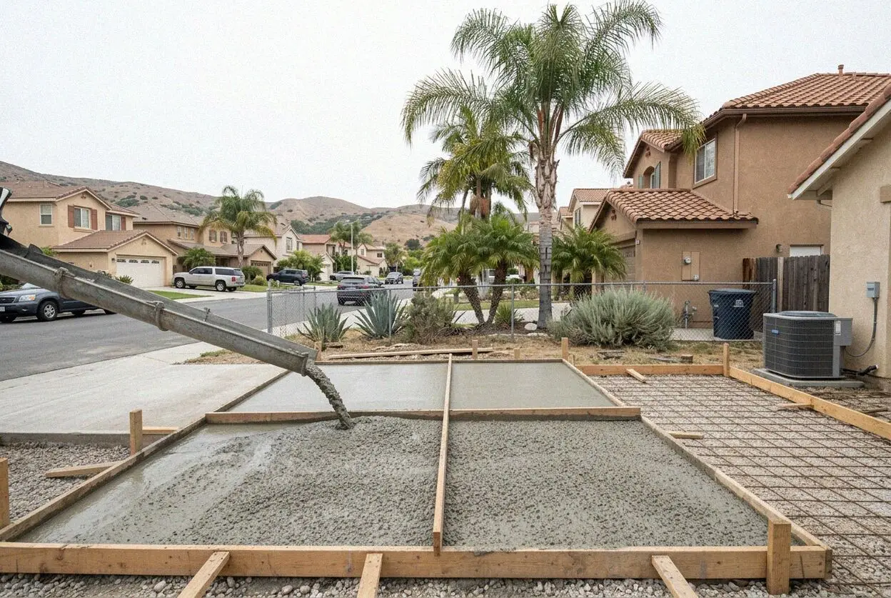 Exposed aggregate driveway being finished at a Corona del Mar house