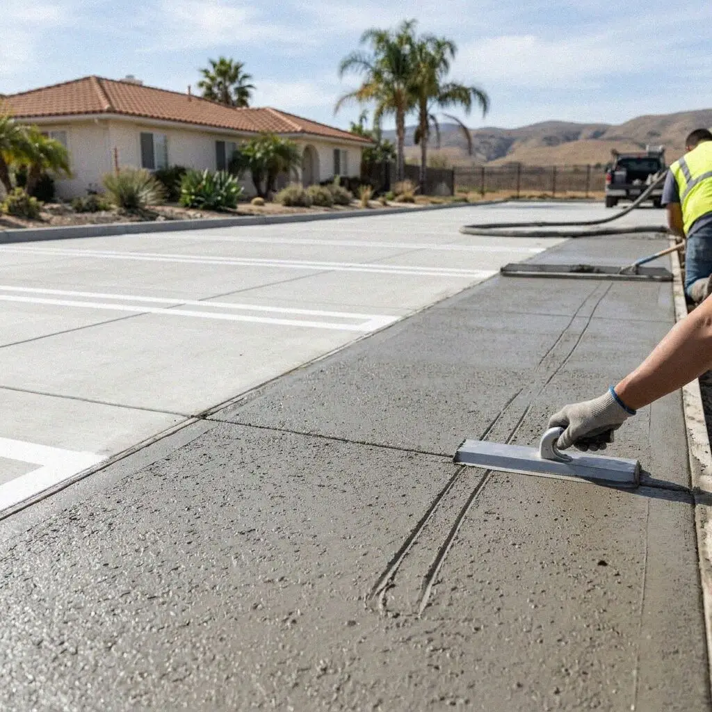 Hands sawing a joint in a new parking lot slab in Huntington Beach
