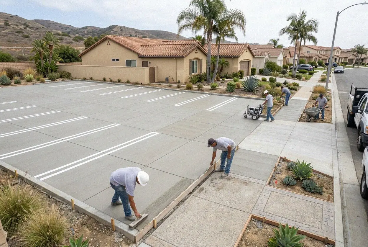 Crew screeding a fresh concrete parking lot beside a Huntington Beach shop