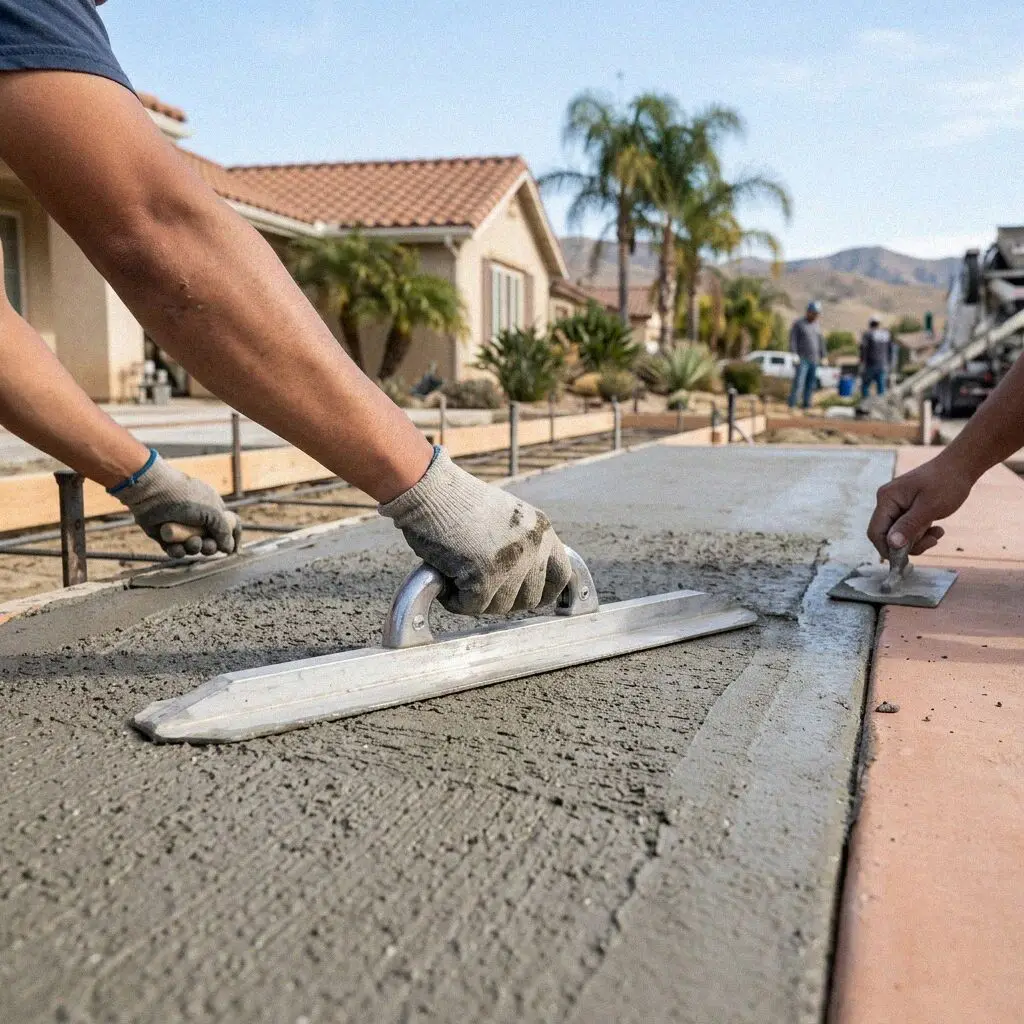Finisher tooling the edge of a new patio slab in Huntington Beach