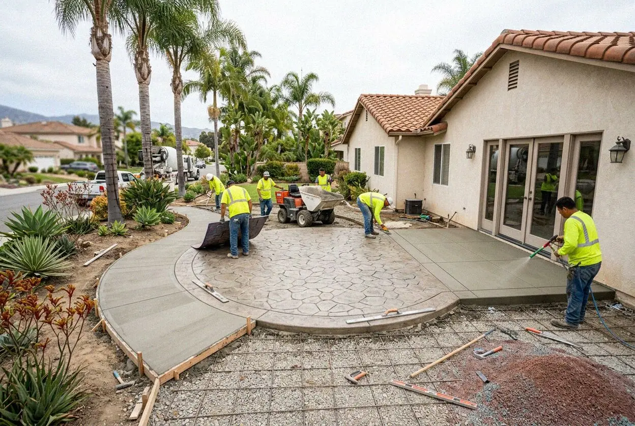 Crew forming a new concrete patio behind a tract house in Huntington Beach