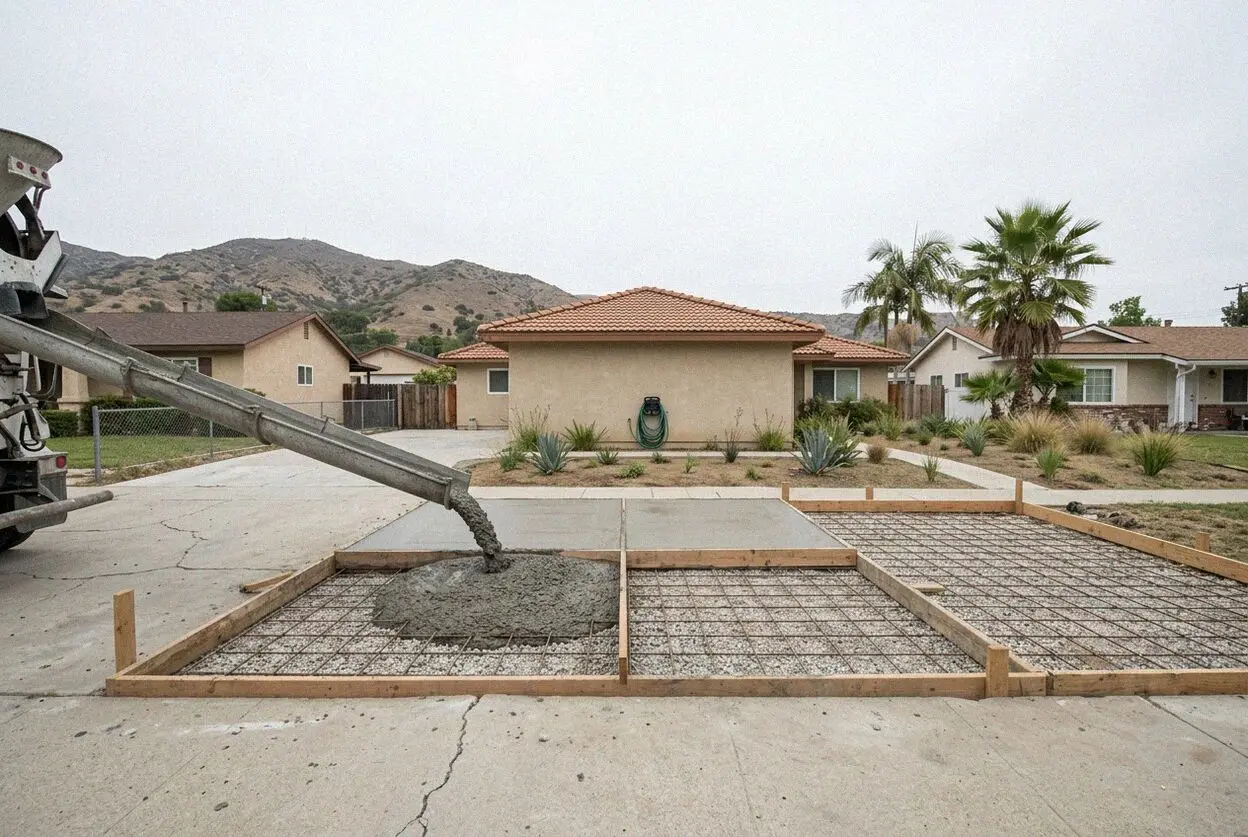 Fresh concrete driveway under wet cure at a 1960s Placentia tract house