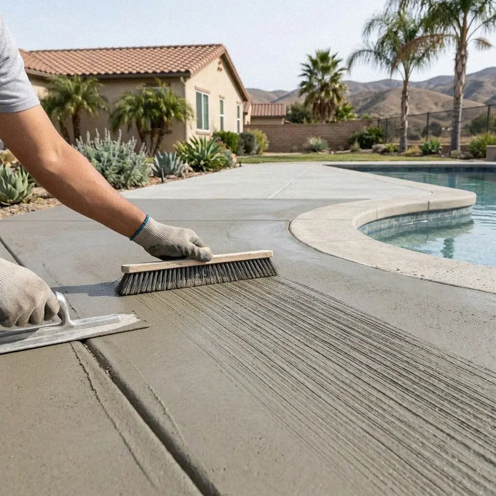 Hands brooming fresh concrete at the coping of a Huntington Beach pool