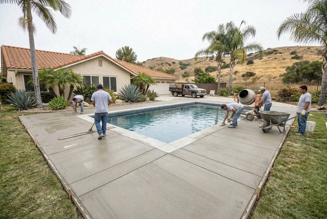 Crew screeding a new concrete pool deck at a Huntington Beach home