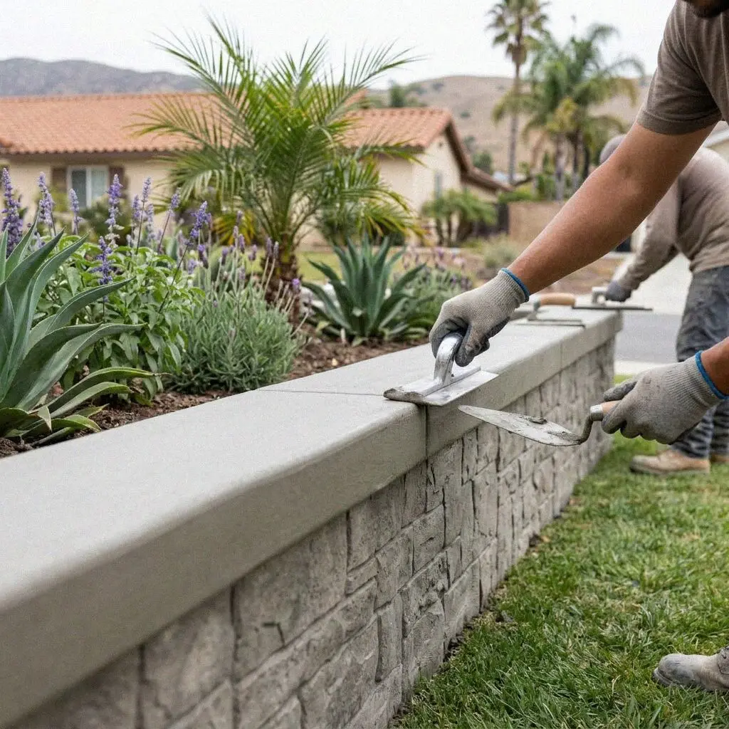 Hands laying drain pipe at the heel of a wall in Huntington Beach