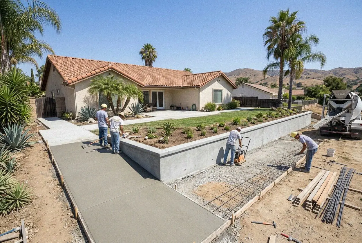 Crew setting rebar in a retaining wall form behind a Huntington Beach home
