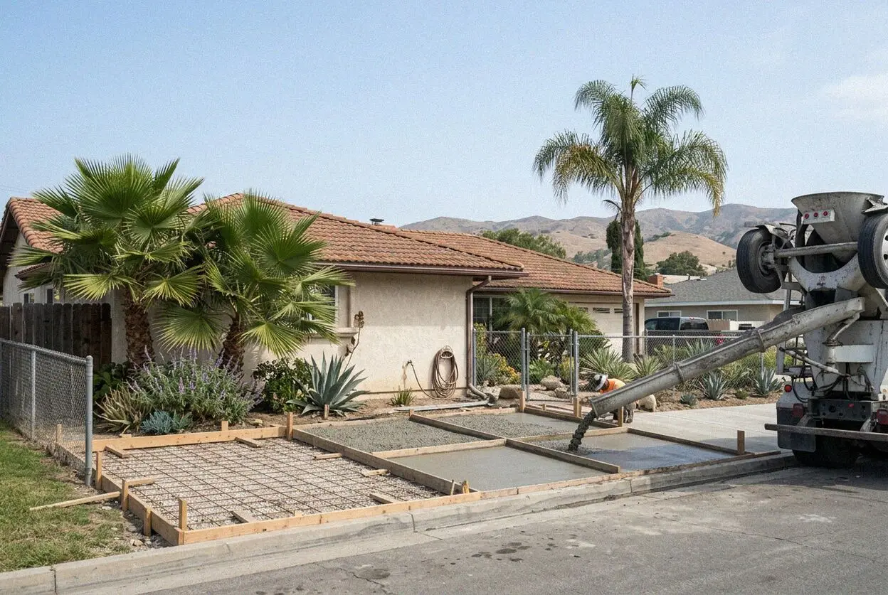Concrete alley apron being poured behind a cottage in Old Town Seal Beach