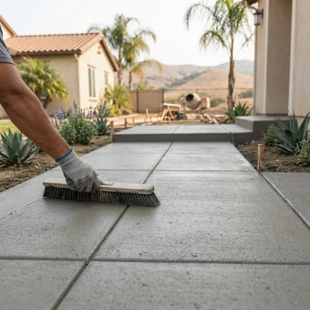 Hands edging a fresh sidewalk panel beside the curb in Huntington Beach
