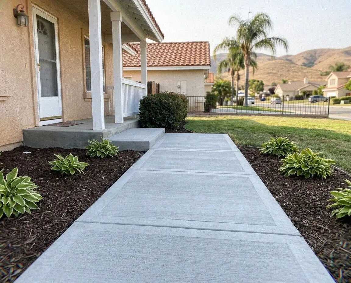 New broom-finished sidewalk panels along a Huntington Beach street