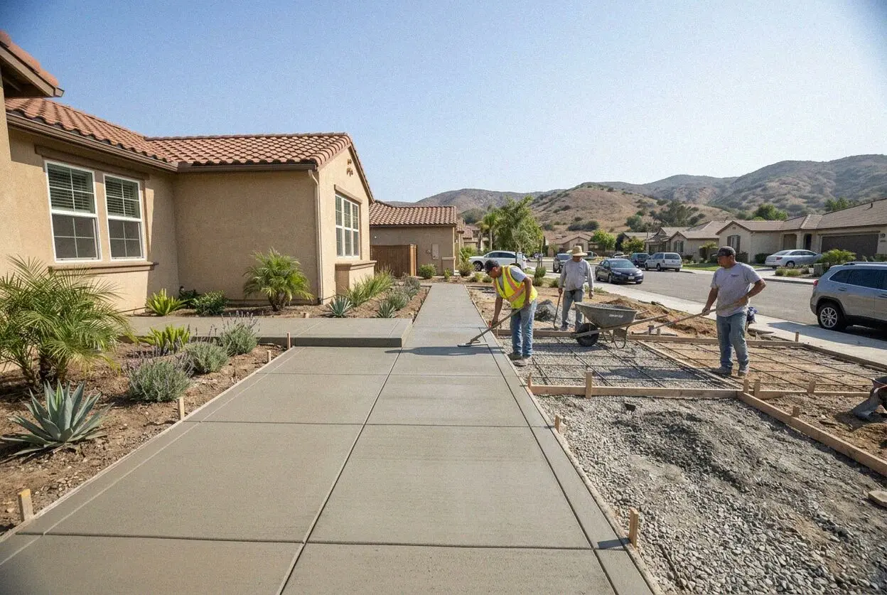 Crew screeding a new sidewalk panel at the curb of a Huntington Beach street