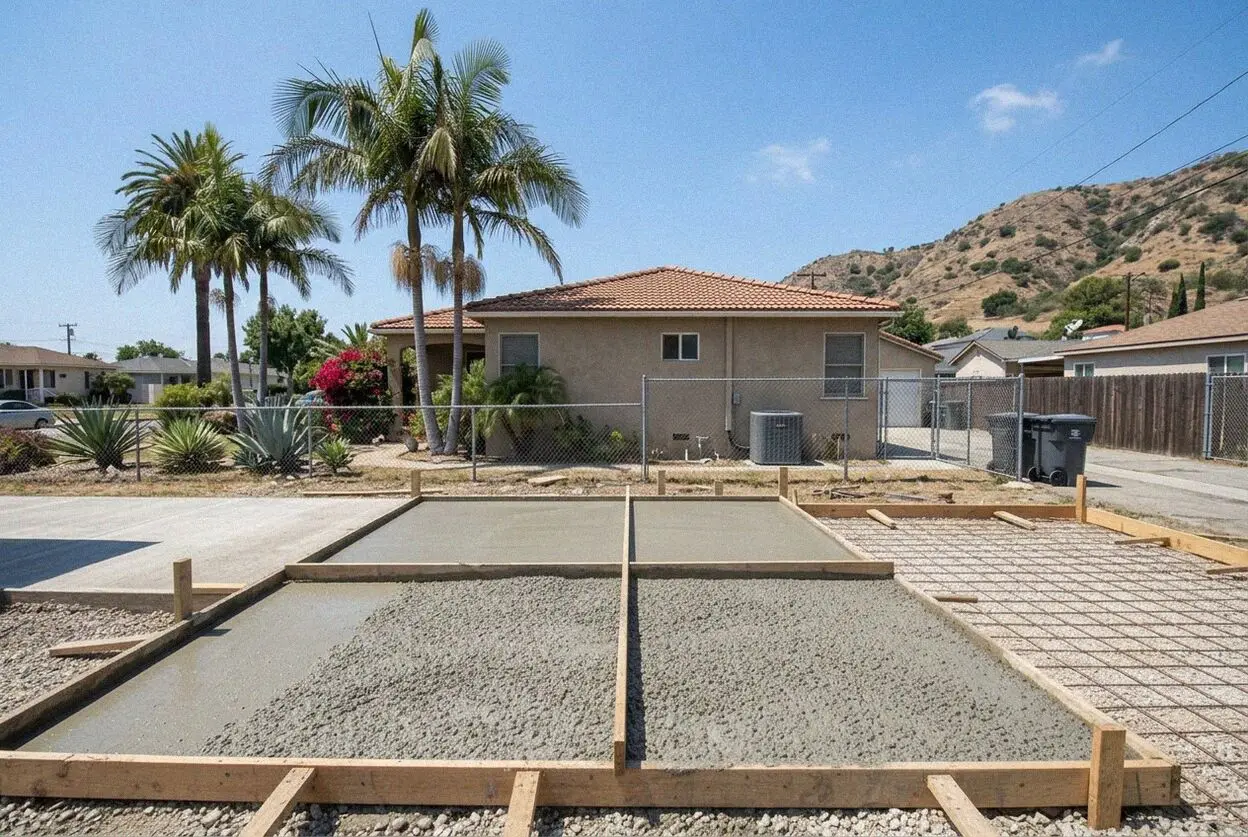 New concrete driveway at a hillside house in Signal Hill above Long Beach