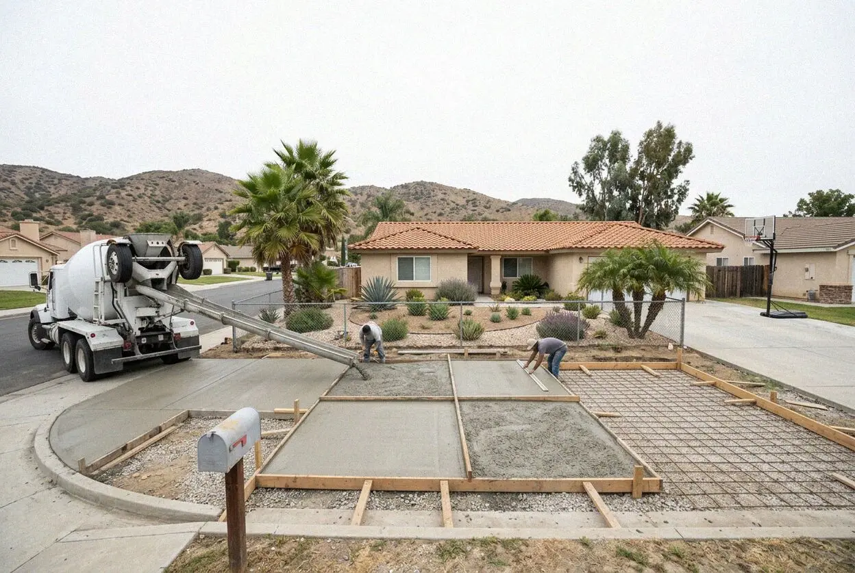 Fresh concrete driveway at a small 1950s house on a Stanton side street