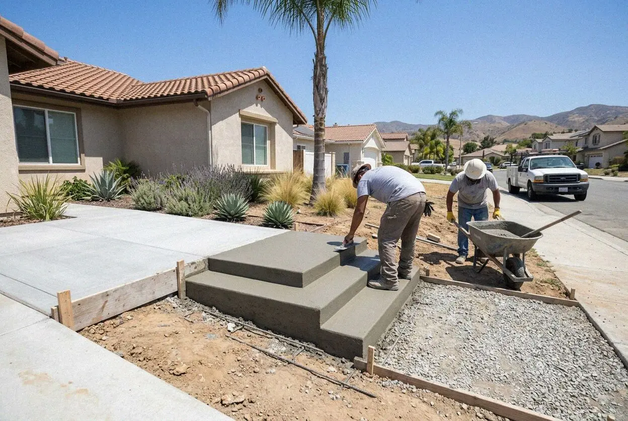 Crew stripping the forms from new concrete steps at a Huntington Beach house