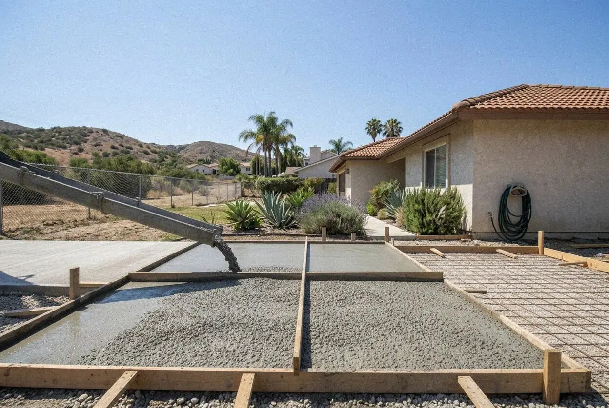 Concrete patio being finished behind a two-story house in Tustin Ranch