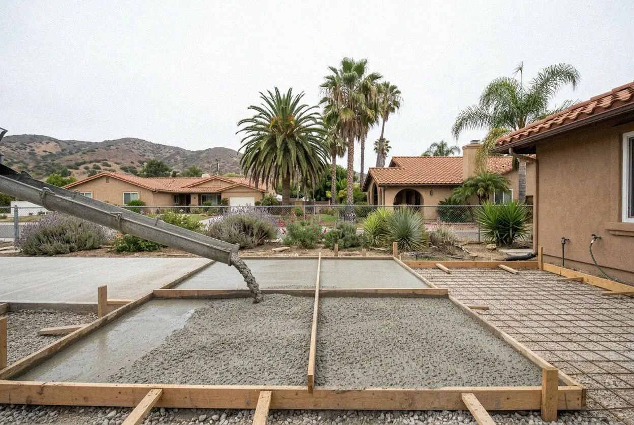 Broom-finished concrete pool deck behind a ranch house in Villa Park
