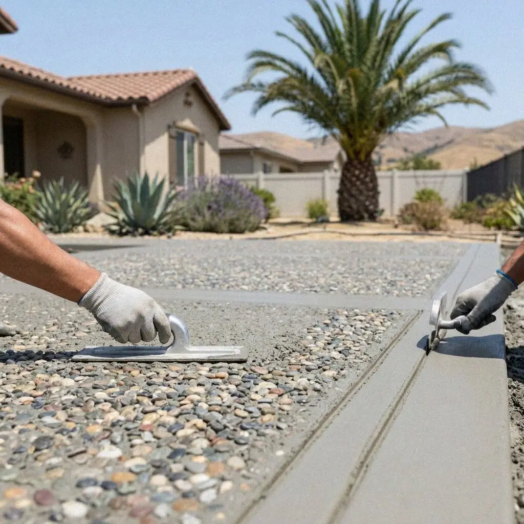 Hand brushing paste off exposed aggregate at a Huntington Beach patio