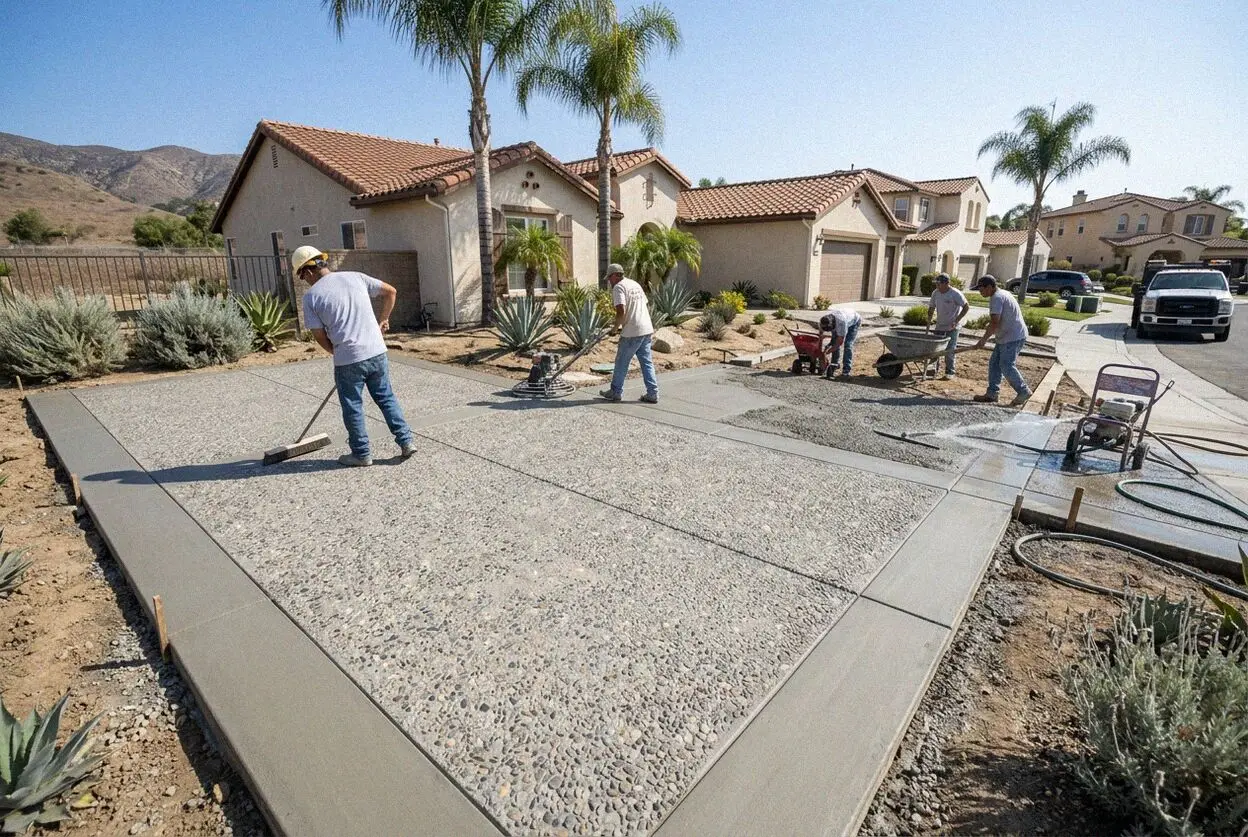 Crew washing stone proud of a fresh exposed aggregate patio, Huntington Beach