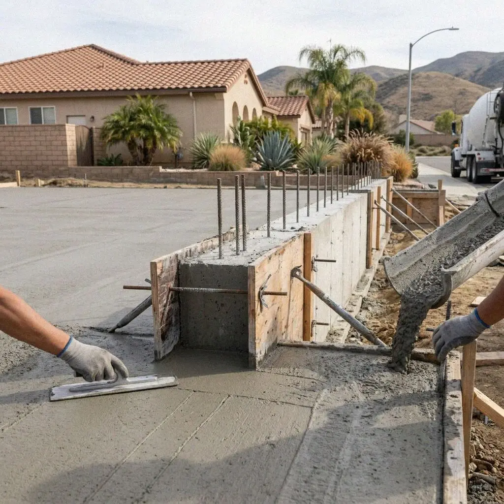 Hands tying vertical rebar in a footing trench in Huntington Beach