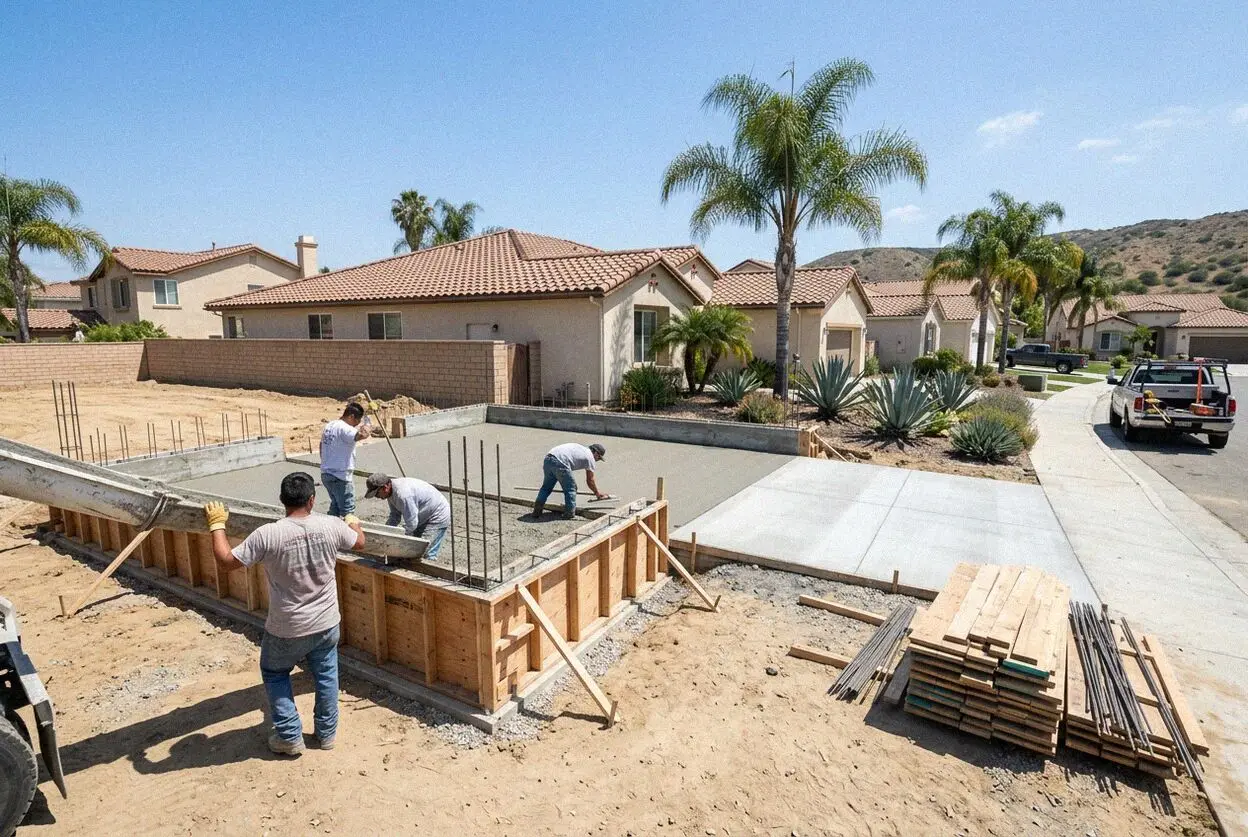 Crew setting forms on a stem wall foundation at a Huntington Beach house