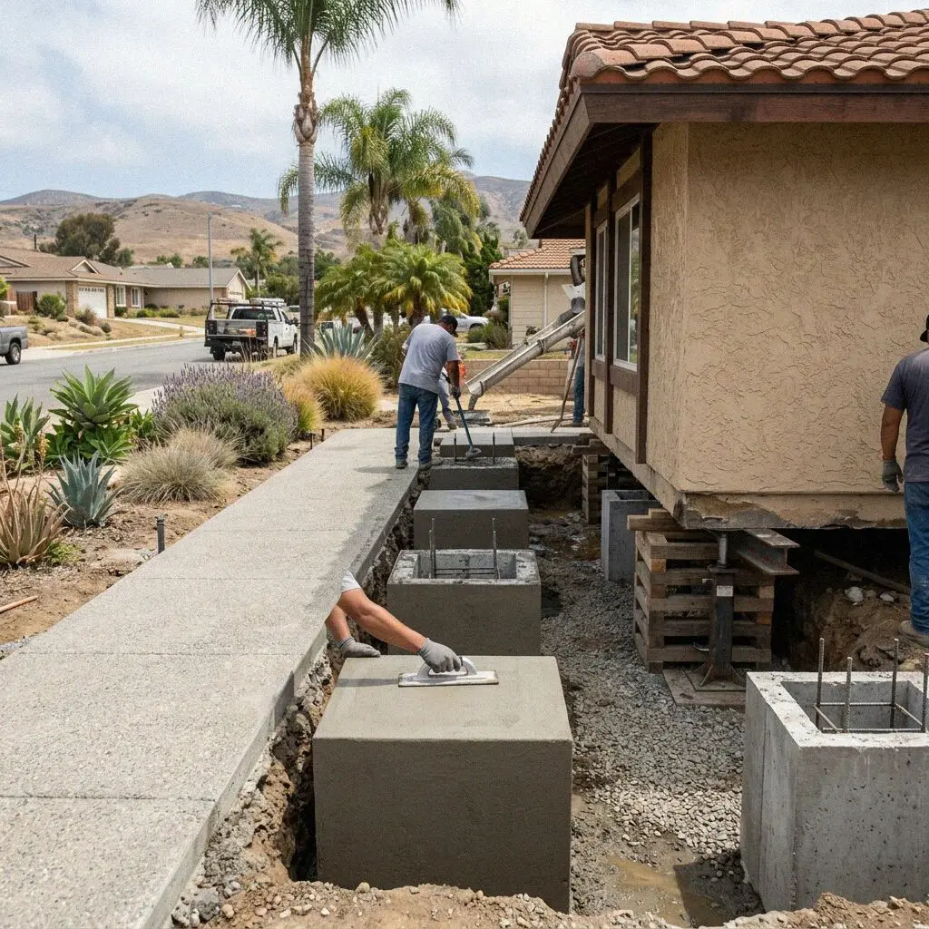 Hands bolting a pier bracket under a footing at a Huntington Beach house
