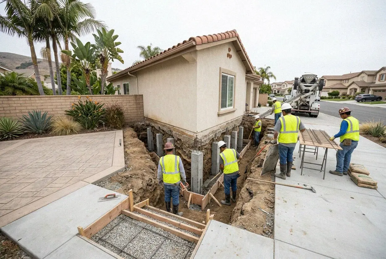 Crew driving a steel pier under an exposed footing at a Huntington Beach home
