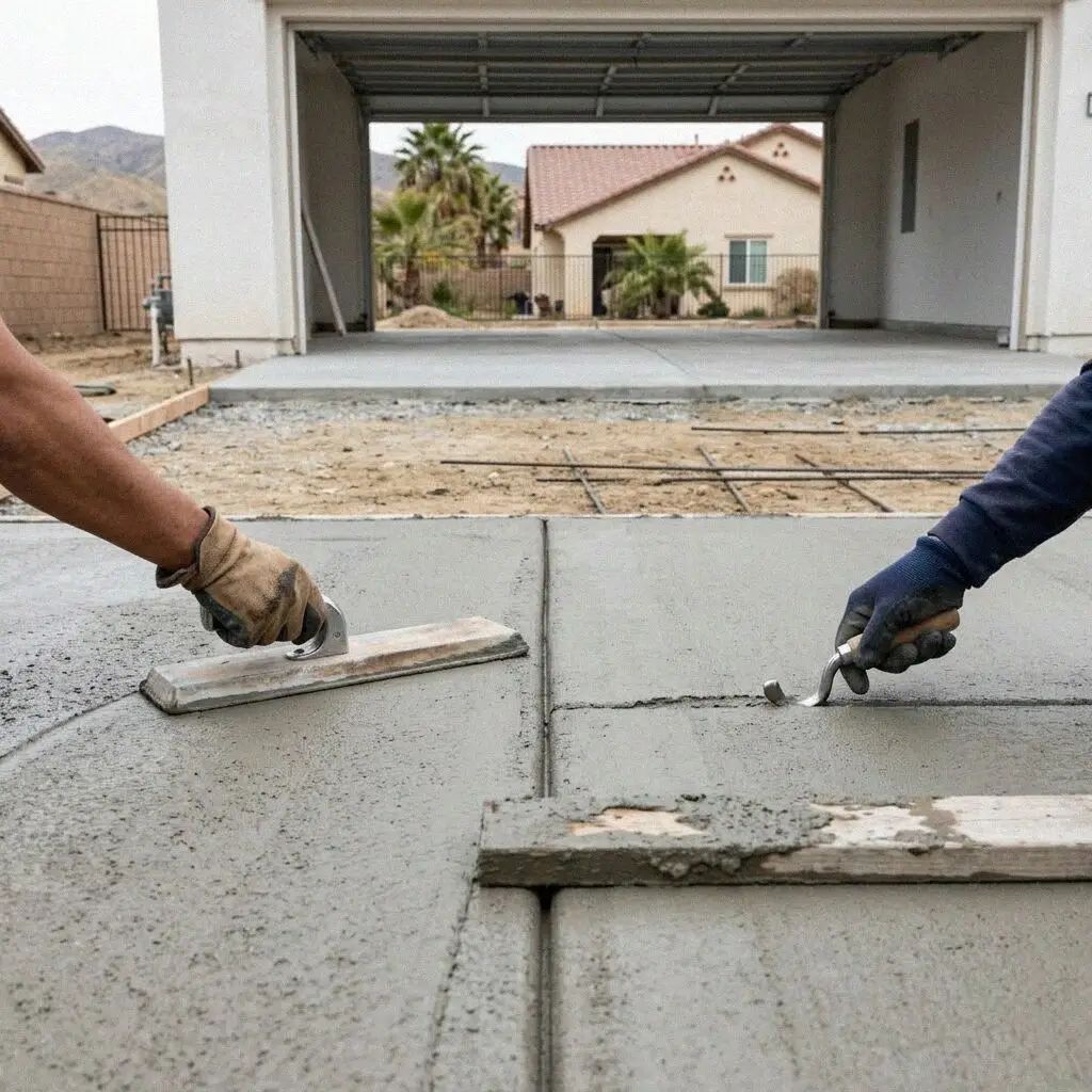 Steel trowel finishing a fresh garage floor at a Huntington Beach home