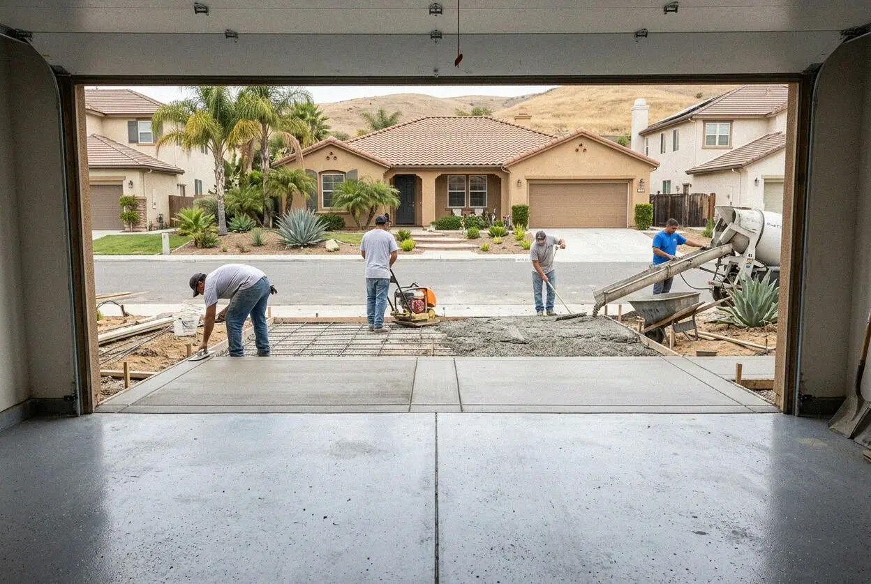 Crew screeding a new garage floor slab inside a Huntington Beach tract garage
