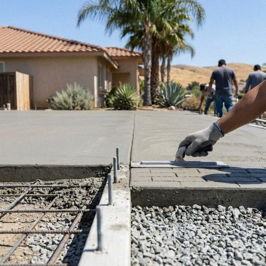 Hands tying rebar over a vapor sheet on a Huntington Beach slab