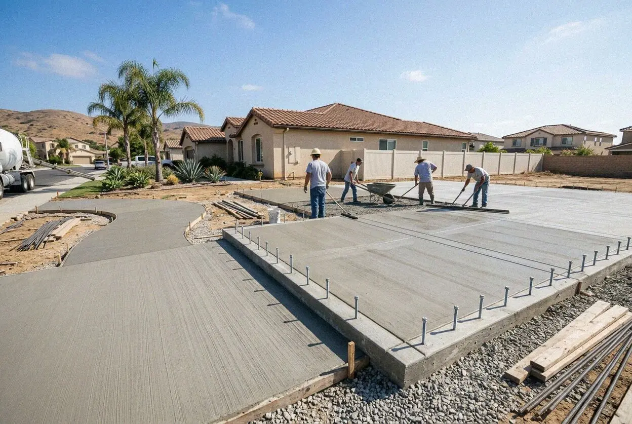 Crew placing steel on a slab foundation behind a Huntington Beach home